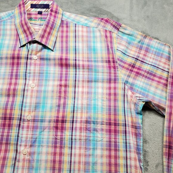 Alan Flusser Button Down Long Sleeve Plaid Shirt Yellow Purple Baby Blue Mn Sz L - Picture 4 of 10